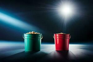 two buckets of popcorn on a dark background. AI-Generated photo