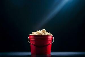 a red bucket filled with popcorn on a dark background. AI-Generated photo