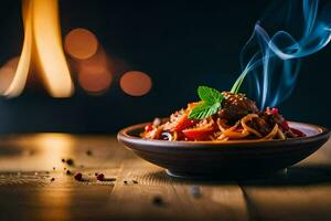 a bowl of pasta with meat and vegetables on a wooden table. AI-Generated photo