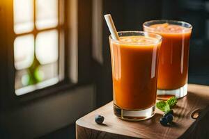 two glasses of orange juice with blueberries on a wooden table. AI-Generated photo