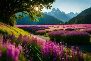 lavanda campo a puesta de sol con montañas en el antecedentes. generado por ai foto