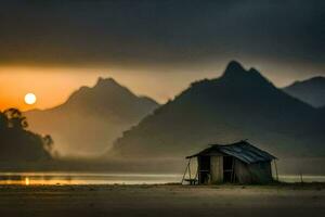 a hut sits on the shore of a lake at sunset. AI-Generated photo