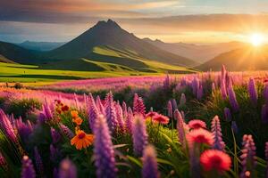 flowers and mountains at sunset. AI-Generated photo