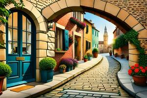 an illustration of a cobblestone street with a door and flowers. AI-Generated photo