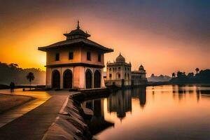 the sun sets over a lake in front of a building. AI-Generated photo