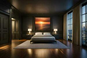 a bedroom with a large painting on the wall. AI-Generated photo