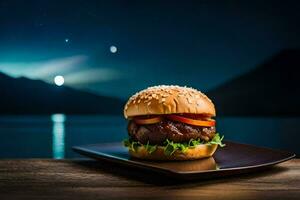a hamburger on a plate with a moon in the background. AI-Generated photo