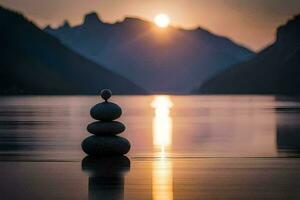 a stack of stones in the water at sunset. AI-Generated photo