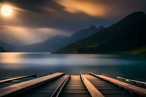 a pier with a lake and mountains in the background. AI-Generated photo