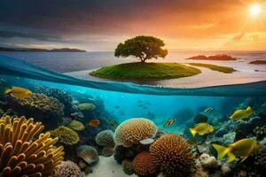 a tree and coral reef in the ocean. AI-Generated photo