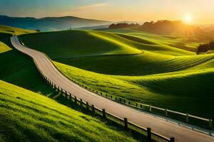 el la carretera a el puesta de sol. generado por ai foto