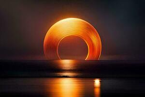el Dom es reflejado en un naranja anillo terminado el océano. generado por ai foto