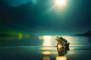 a frog sitting on the water at night. AI-Generated photo