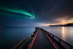 un largo exposición foto de el Aurora borealis terminado el agua. generado por ai