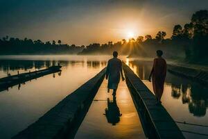two monks walking on a wooden bridge at sunrise. AI-Generated photo