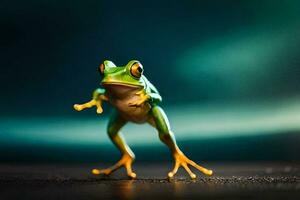 a frog is standing on its hind legs. AI-Generated photo