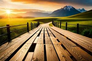 a wooden bridge leads to a mountain range. AI-Generated photo