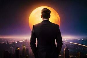 a man in a suit stands in front of a full moon. AI-Generated photo