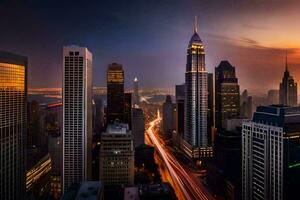 el ciudad horizonte a puesta de sol con tráfico luces. generado por ai foto