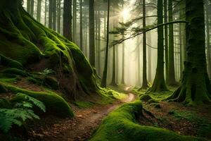 un camino mediante un verde bosque con cubierto de musgo arboles generado por ai foto