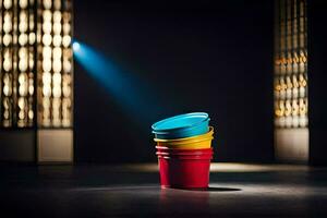 a stack of colorful plastic buckets on a dark floor. AI-Generated photo