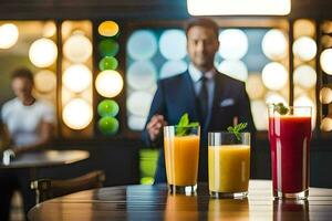 a man in a suit standing in front of three different drinks. AI-Generated photo