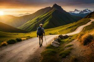 un hombre camina en un la carretera en el montañas. generado por ai foto