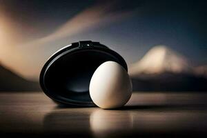 an egg is sitting in front of a black container. AI-Generated photo