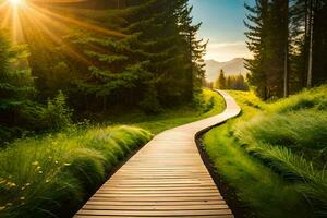 a wooden path leads to the sun in the mountains. AI-Generated photo