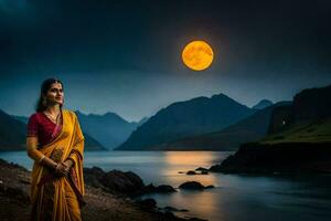 a woman in a sari stands in front of the moon. AI-Generated photo