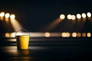 a yellow bucket sitting on a dark floor with lights. AI-Generated photo