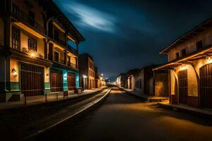 un calle a noche con edificios y luces. generado por ai foto