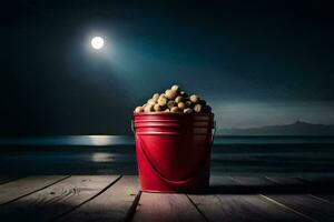 a bucket of potatoes on a wooden table in front of the moon. AI-Generated photo