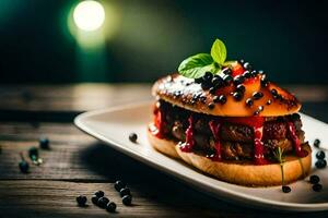 a hamburger with sauce and berries on a white plate. AI-Generated photo