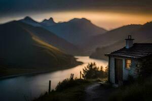 un pequeño cabina se sienta en el lado de un montaña con vista a un río. generado por ai foto