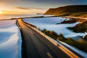 un la carretera devanado mediante el montañas a puesta de sol. generado por ai foto