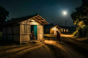 a woman walks past a hut at night. AI-Generated photo