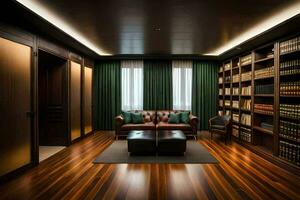 a library with leather furniture and books on the shelves. AI-Generated photo
