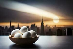 eggs in a bowl on a table with a city in the background. AI-Generated photo