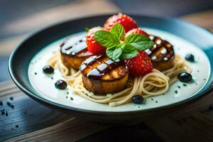 a bowl of pasta with scallops and strawberries. AI-Generated photo