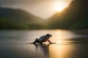 a frog sitting on the shore of a lake at sunset. AI-Generated photo