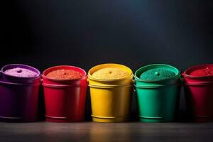 colorful buckets of colored sand on a dark background. AI-Generated photo