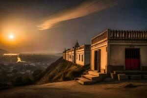 puesta de sol terminado el ciudad de persona, India. generado por ai foto