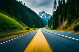 un la carretera en el montañas con arboles y montañas en el antecedentes. generado por ai foto