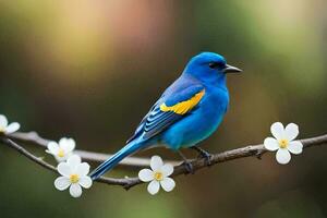 un azul pájaro se sienta en un rama con blanco flores generado por ai foto