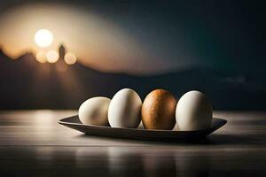 eggs on a plate in front of a sunset. AI-Generated photo