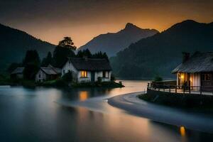 a house sits on the edge of a lake at sunset. AI-Generated photo