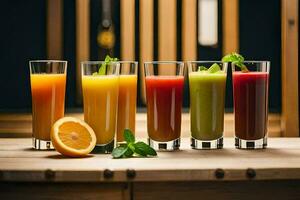 a group of glasses with different colored juices. AI-Generated photo