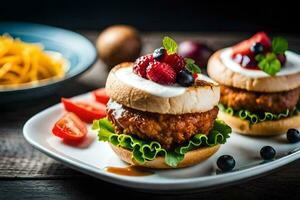 two burgers with berries and cheese on them. AI-Generated photo