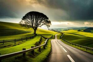 a lonely tree stands alone on a country road. AI-Generated photo